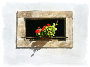 Lovarda ablak muskátlival